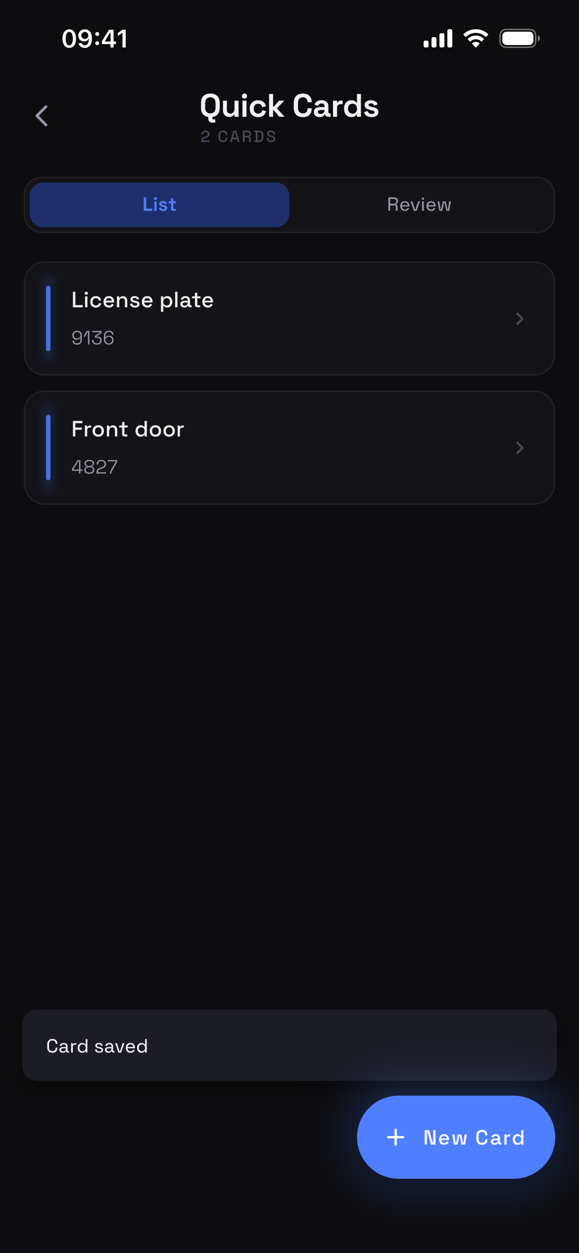 Quick Cards list screen